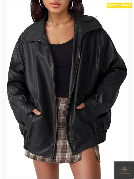 Jackets & Blazers - Oversized Faux Leather Motorcycle Jacket Y2K Punk Style Zipper Closure